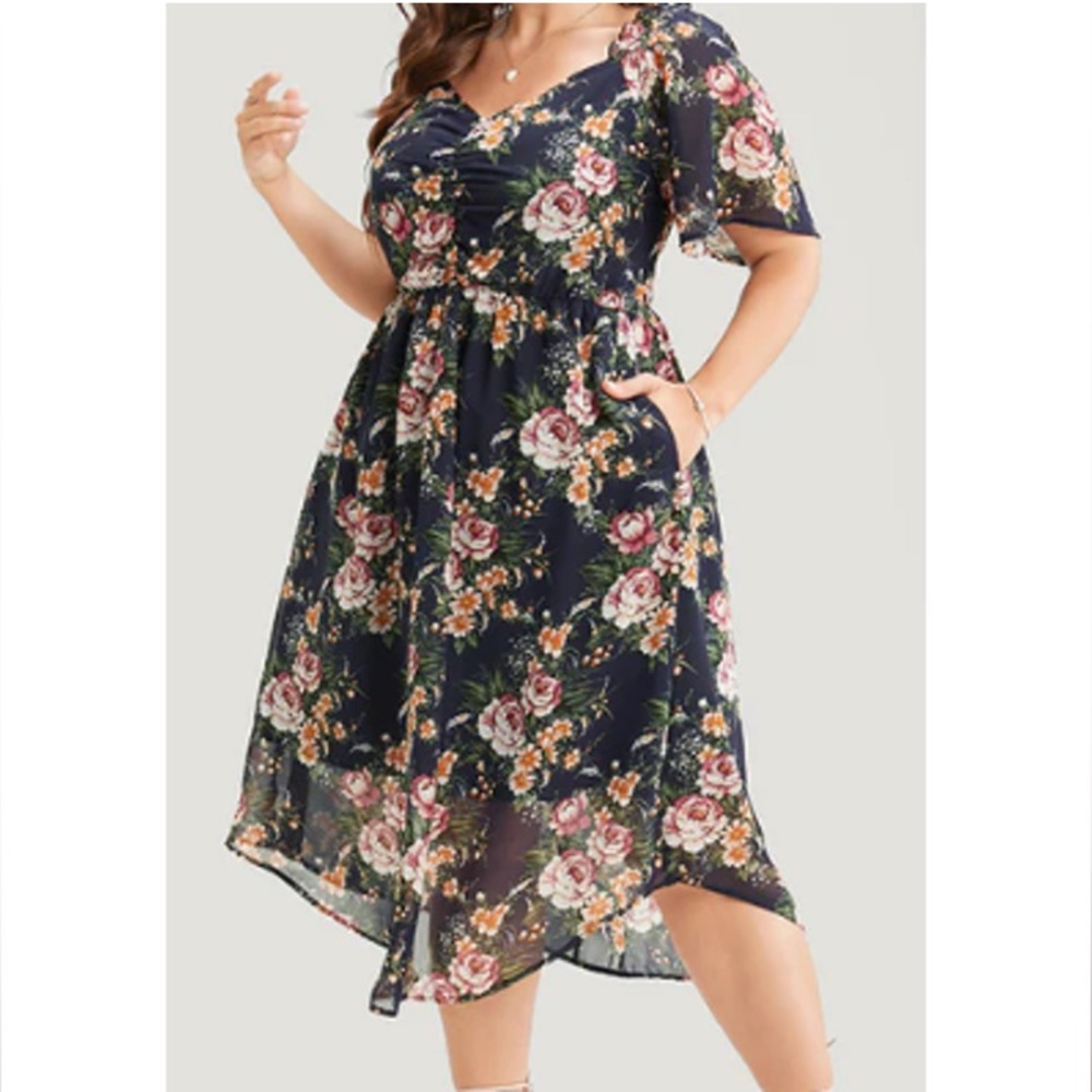 BloomChic Floral ruffle flutter sleeve midi dress. Navy background. Size 10. NWT - Picture 3 of 8